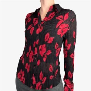 Sheer Marks & Spencer collared blouse red floral crinkle pleated blouse